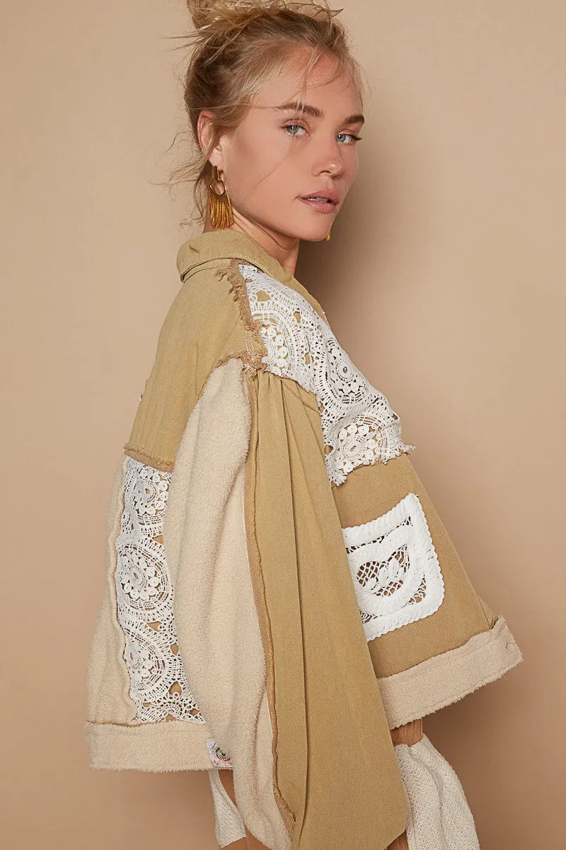 🌟 POL Crochet Patch Exposed Seam Button-Up Jacket 🌟