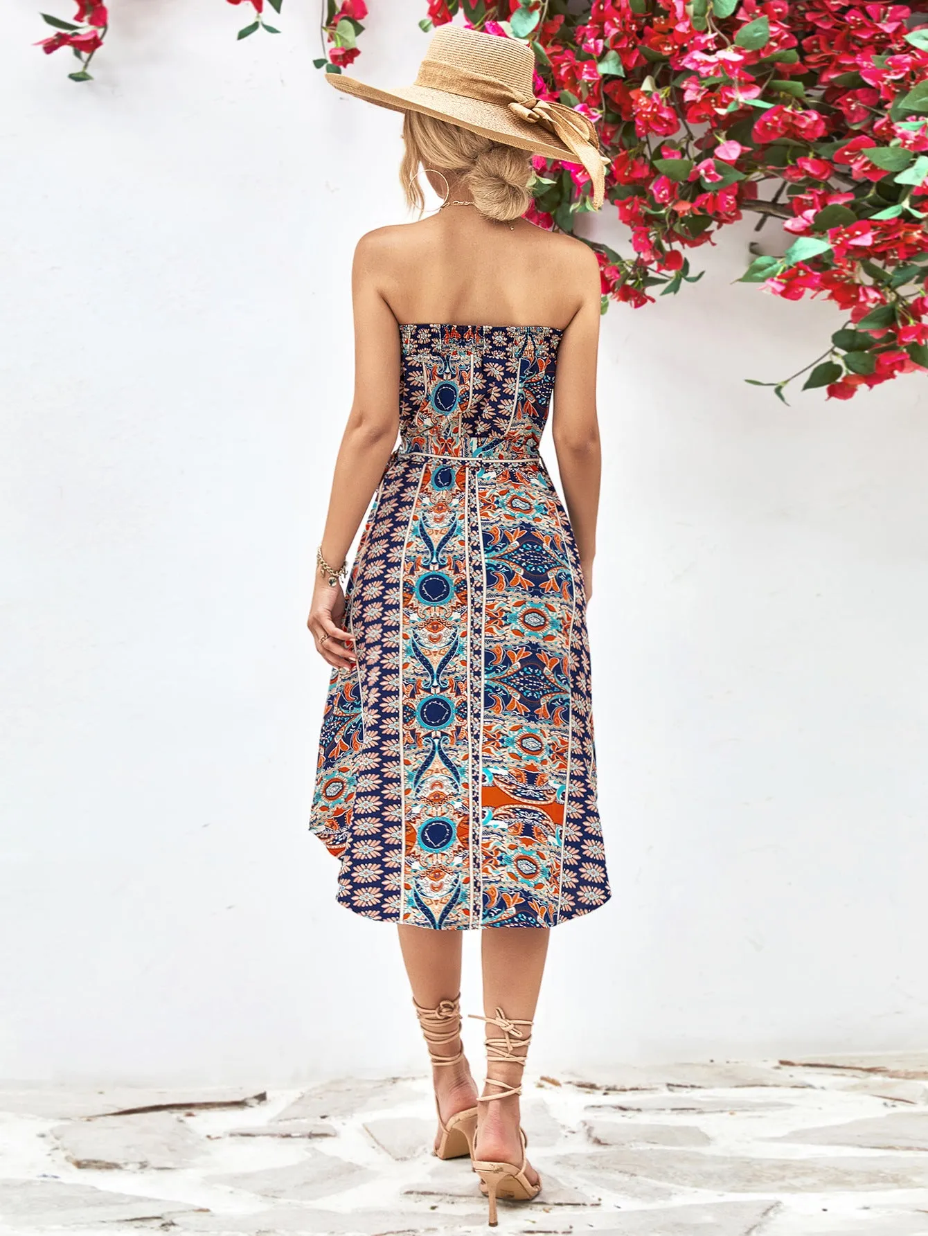 🌸 Printed Strapless Tie Belt Dress 🌸