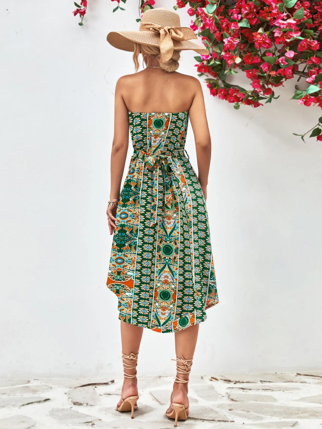 🌸 Printed Strapless Tie Belt Dress 🌸