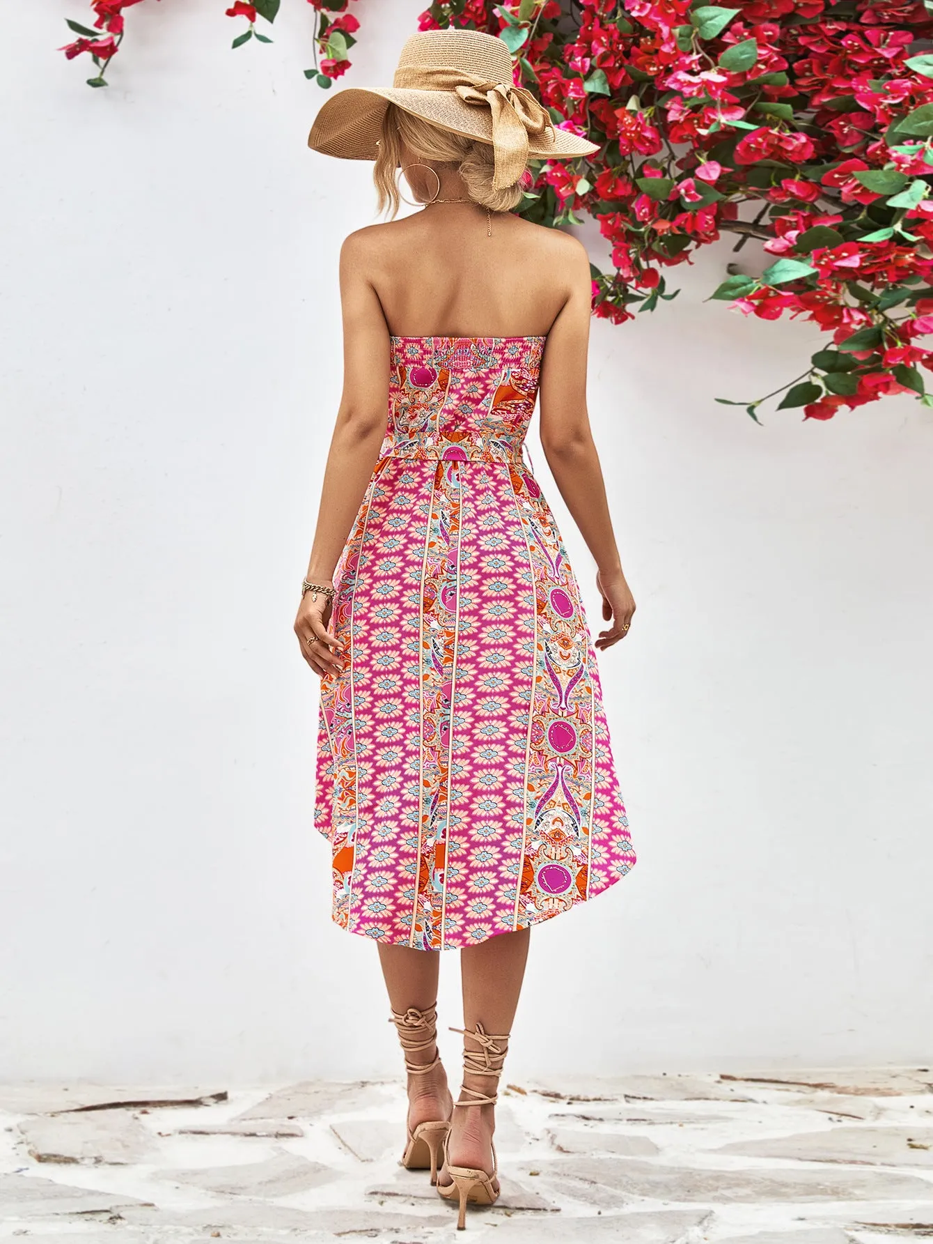 🌸 Printed Strapless Tie Belt Dress 🌸