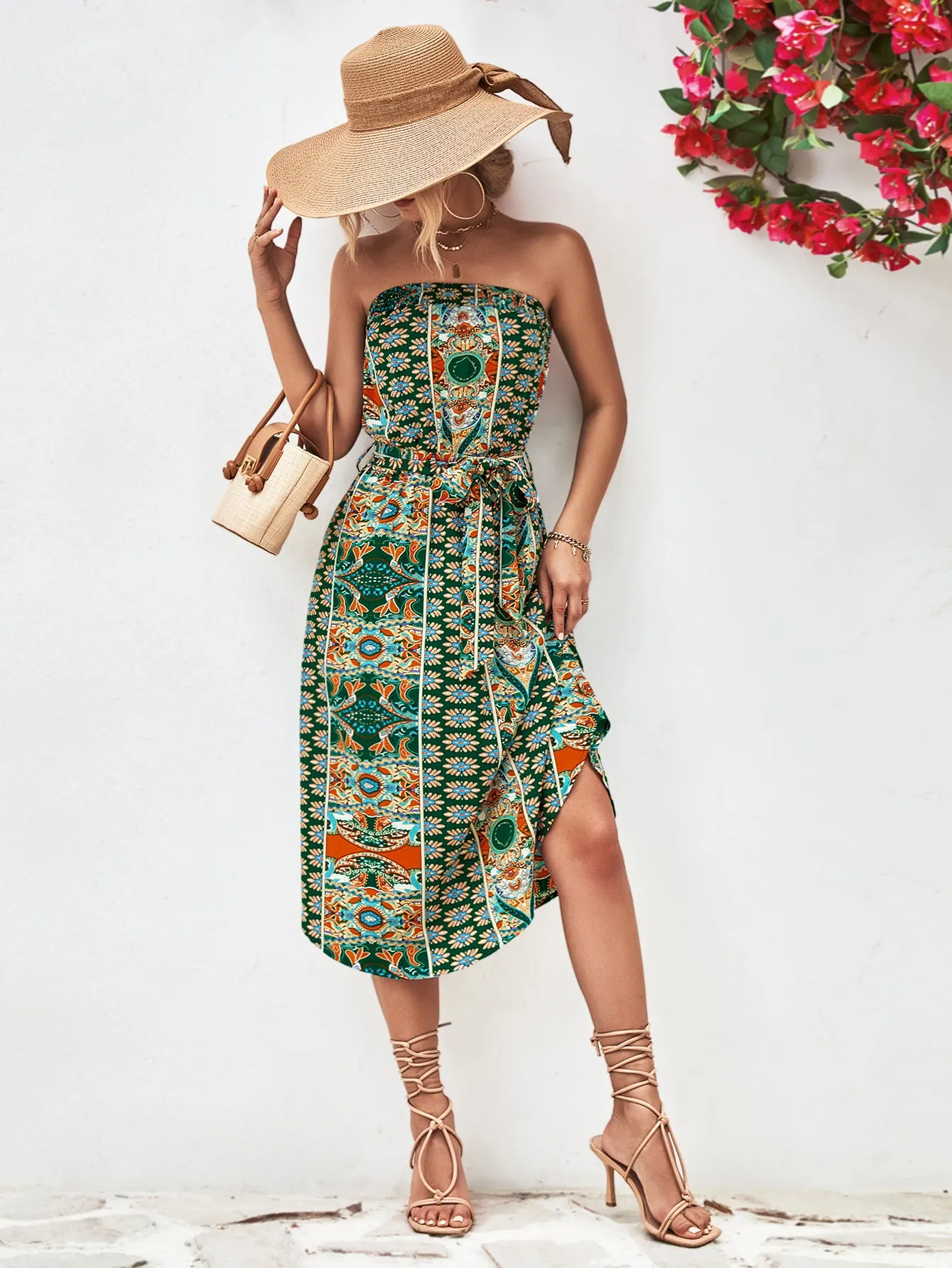 🌸 Printed Strapless Tie Belt Dress 🌸