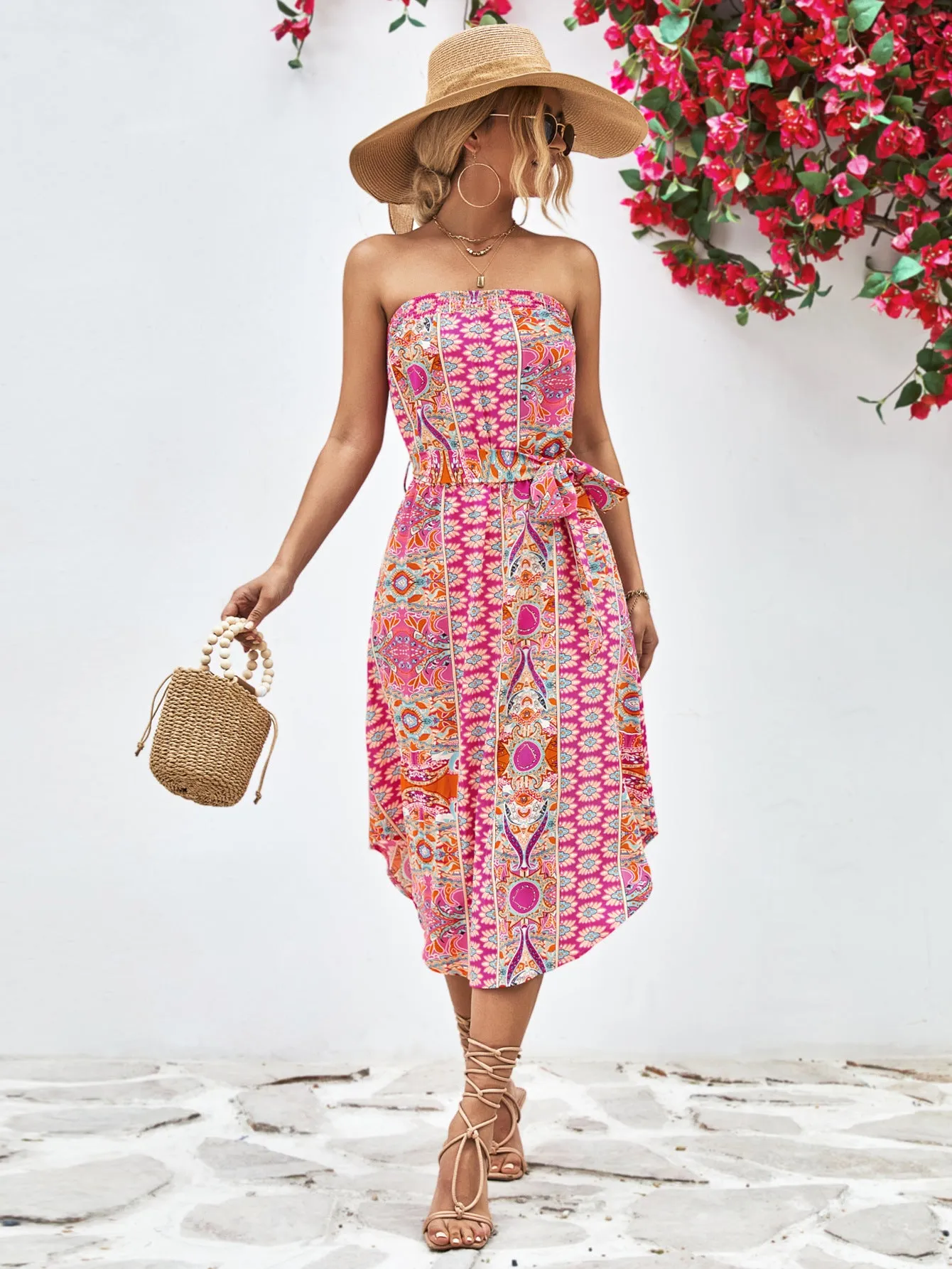 🌸 Printed Strapless Tie Belt Dress 🌸