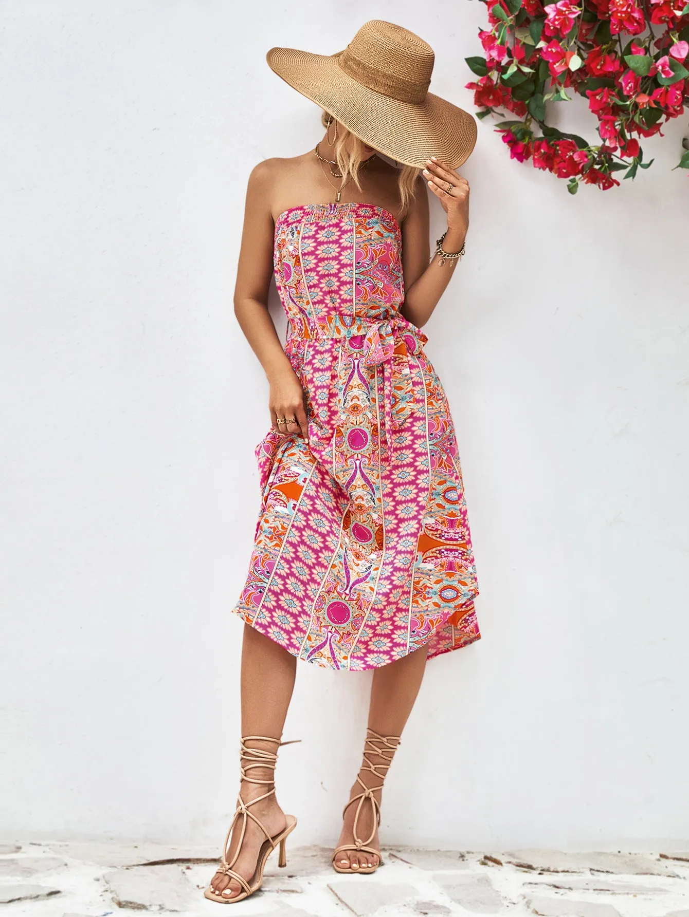 🌸 Printed Strapless Tie Belt Dress 🌸