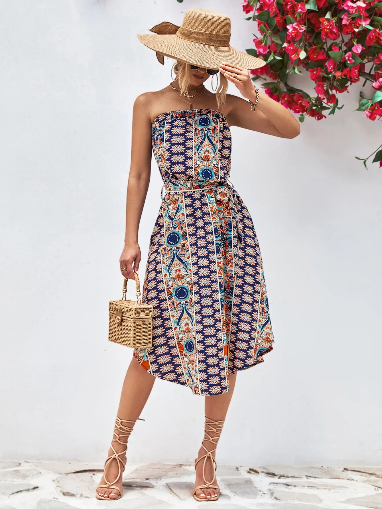🌸 Printed Strapless Tie Belt Dress 🌸