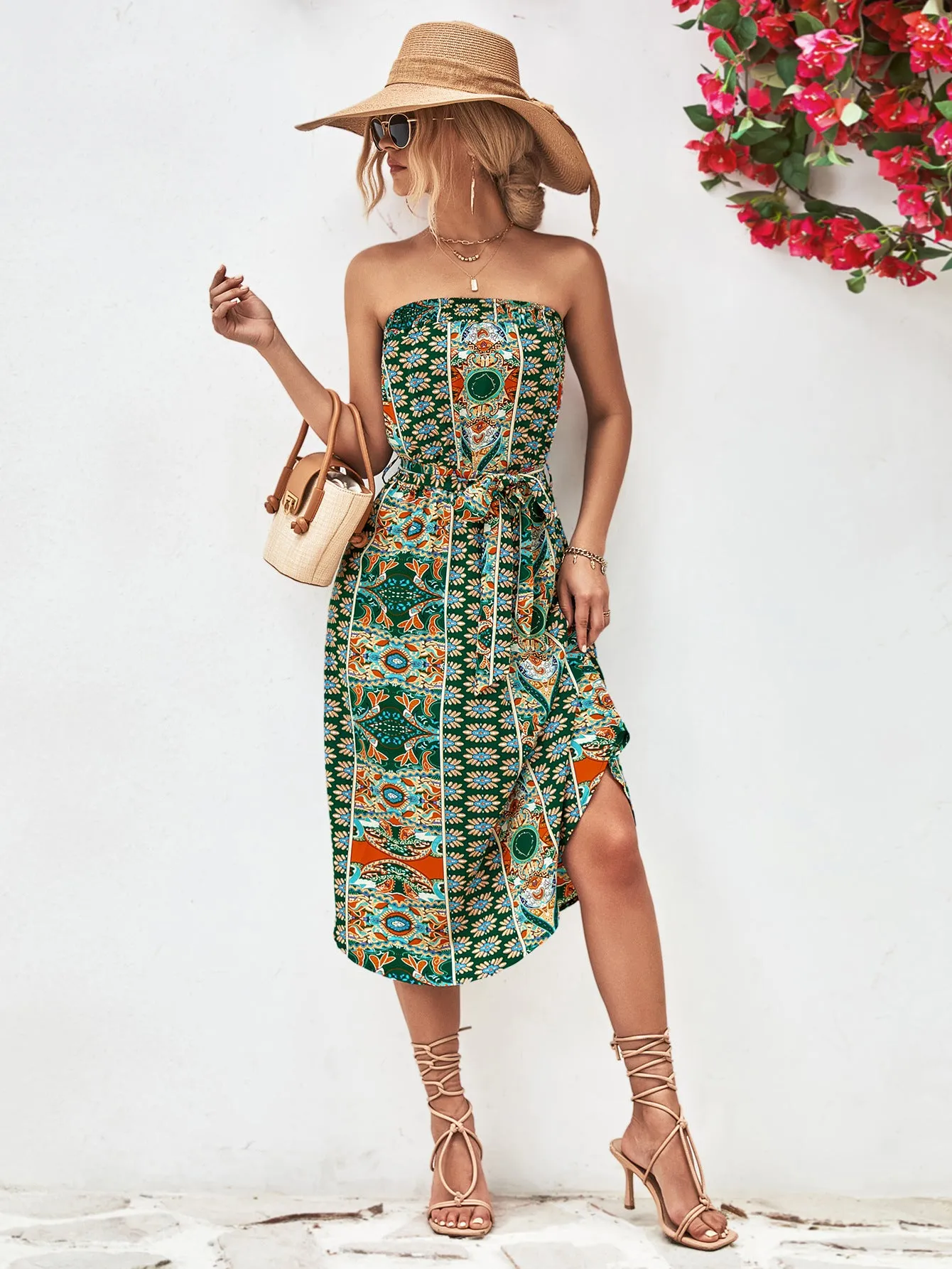 🌸 Printed Strapless Tie Belt Dress 🌸