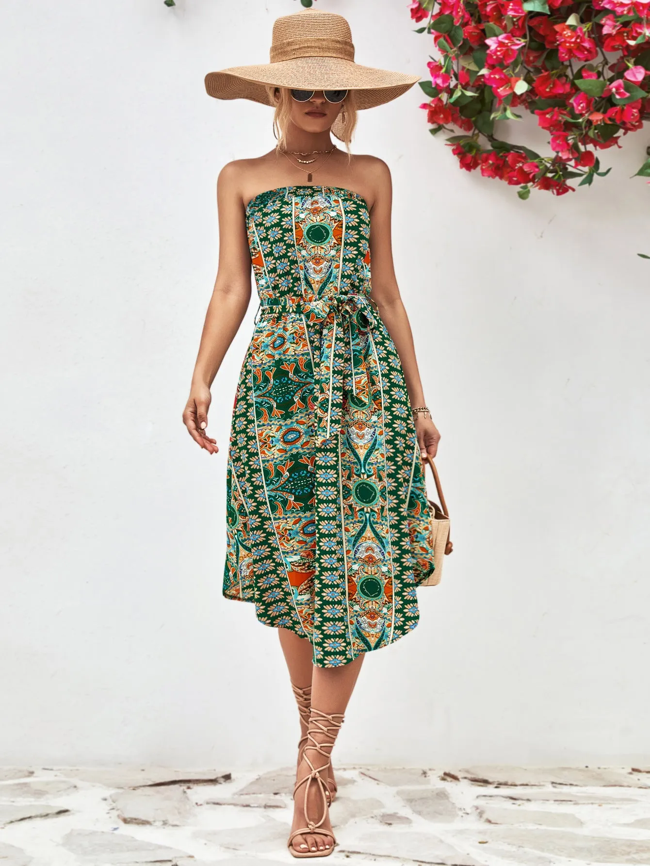 🌸 Printed Strapless Tie Belt Dress 🌸