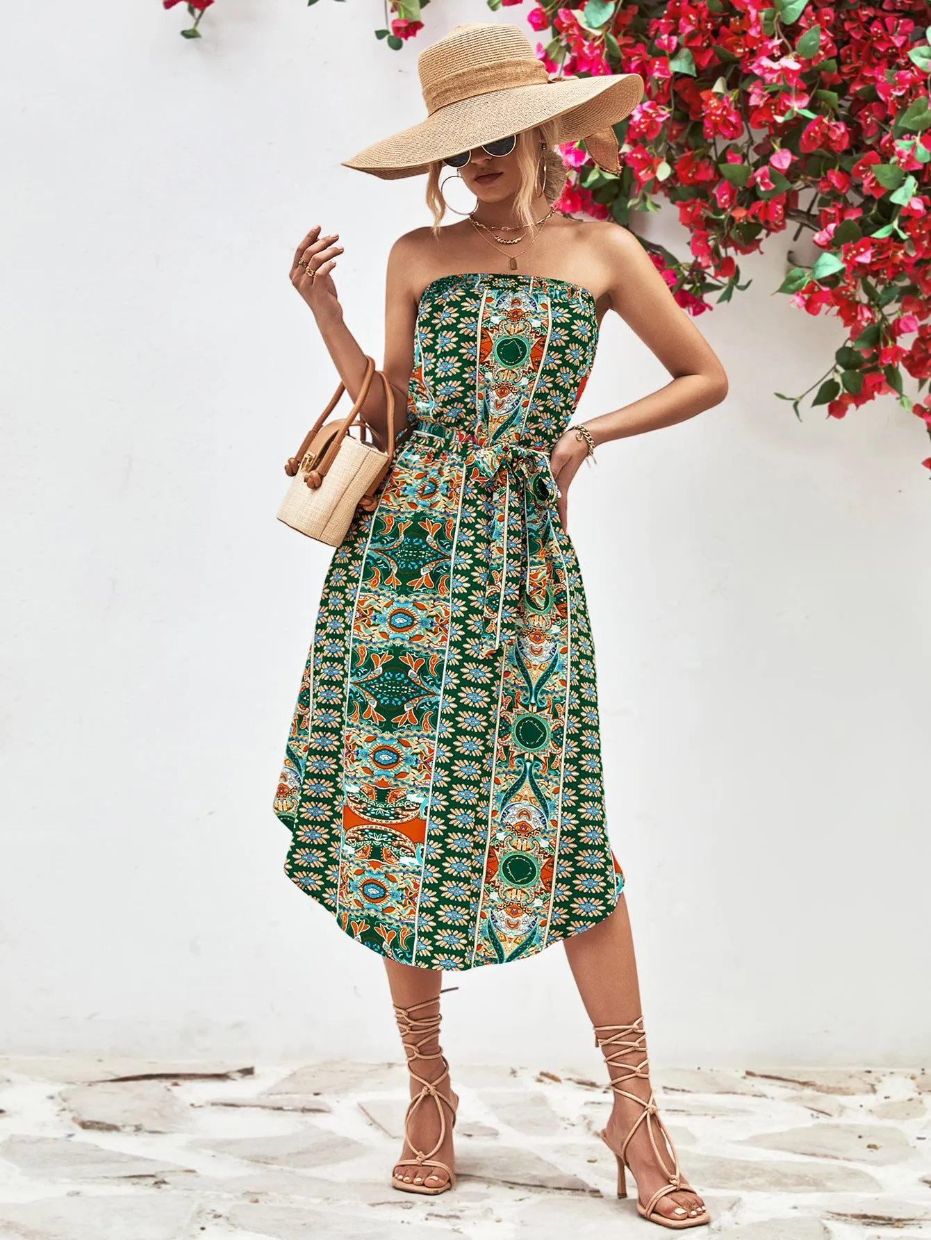 🌸 Printed Strapless Tie Belt Dress 🌸