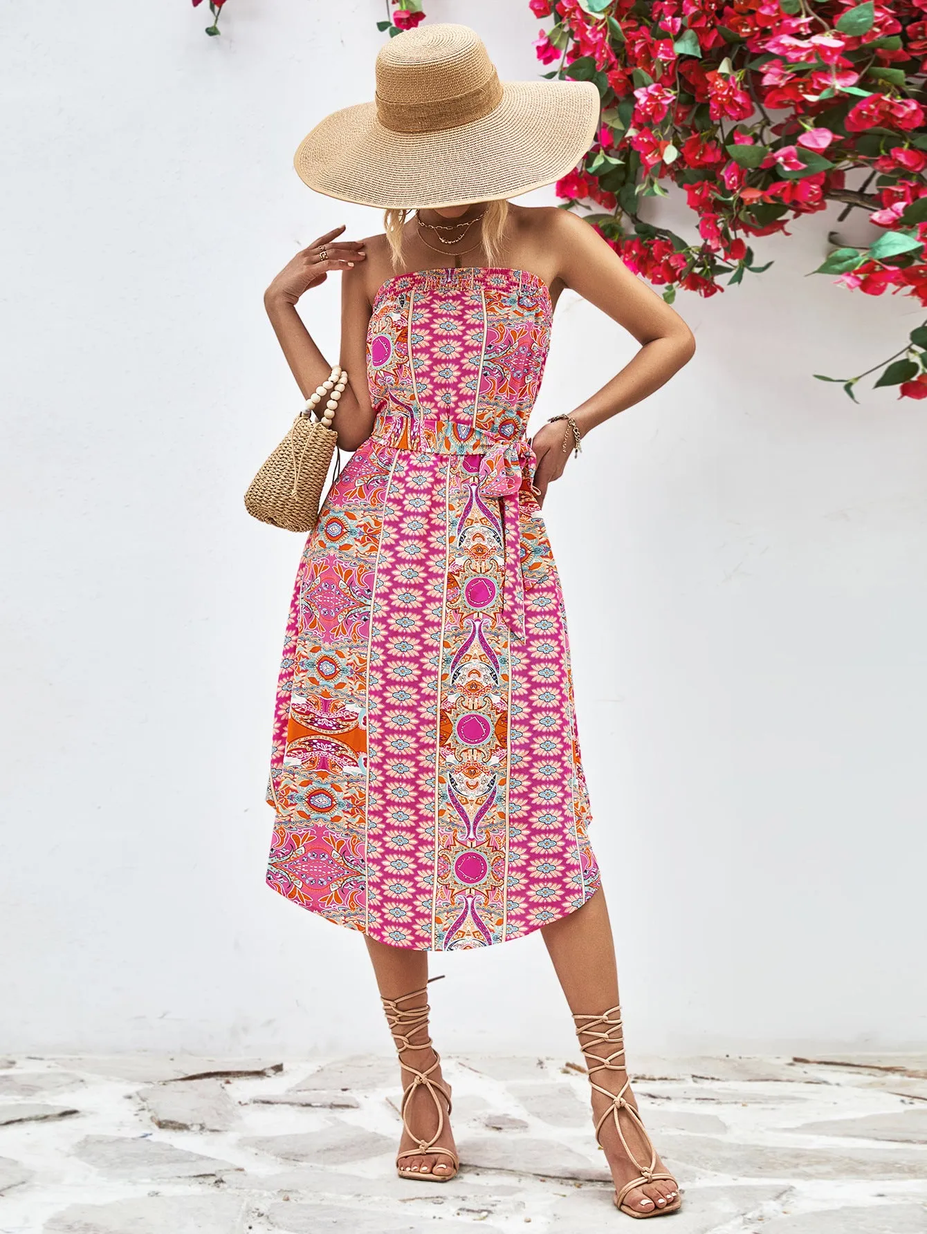 🌸 Printed Strapless Tie Belt Dress 🌸