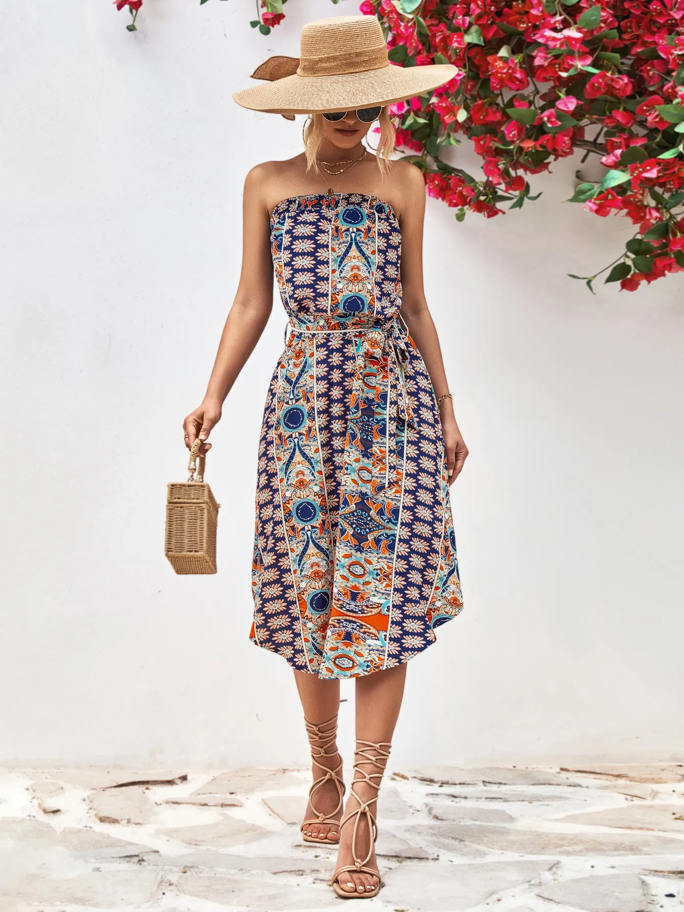 🌸 Printed Strapless Tie Belt Dress 🌸
