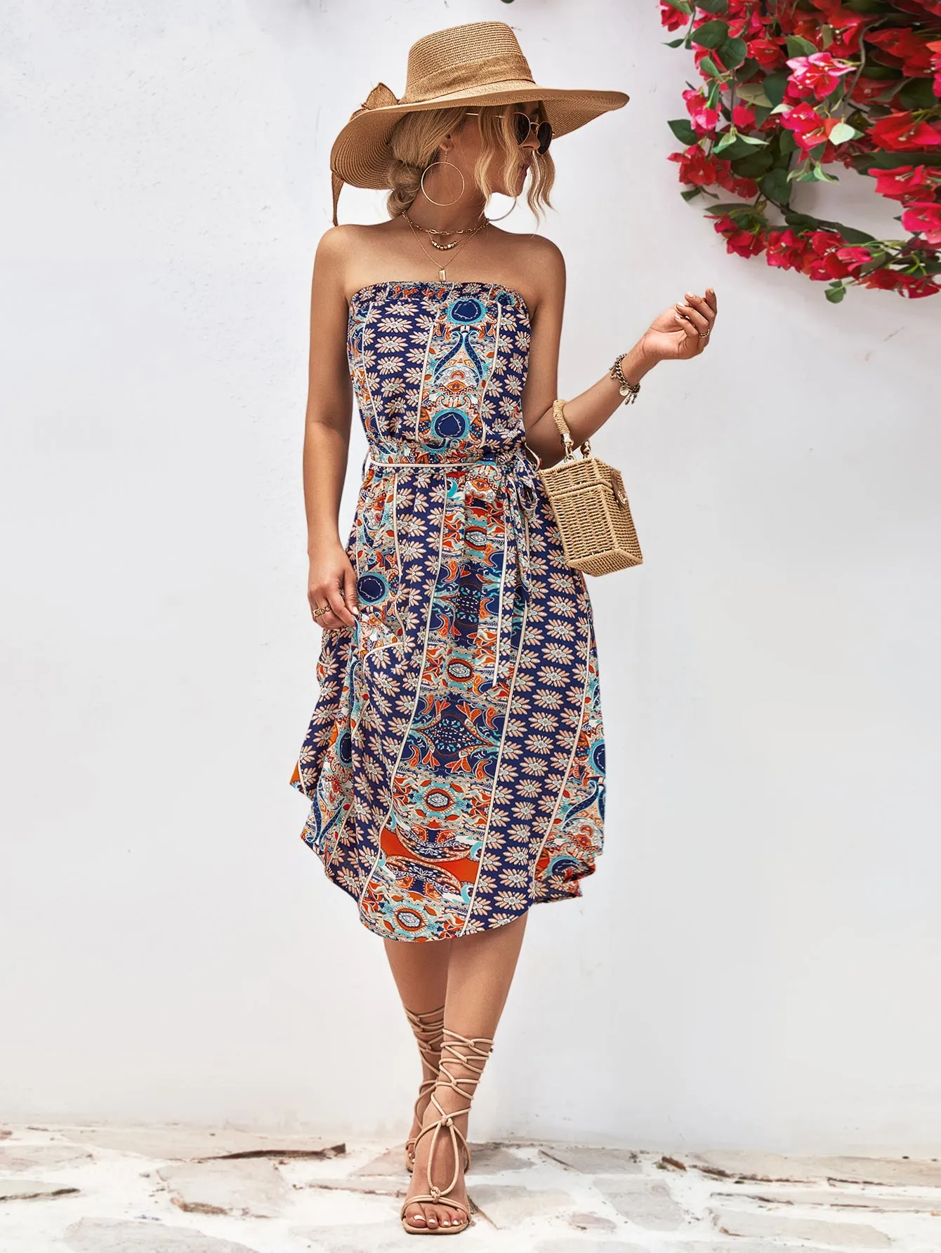 🌸 Printed Strapless Tie Belt Dress 🌸