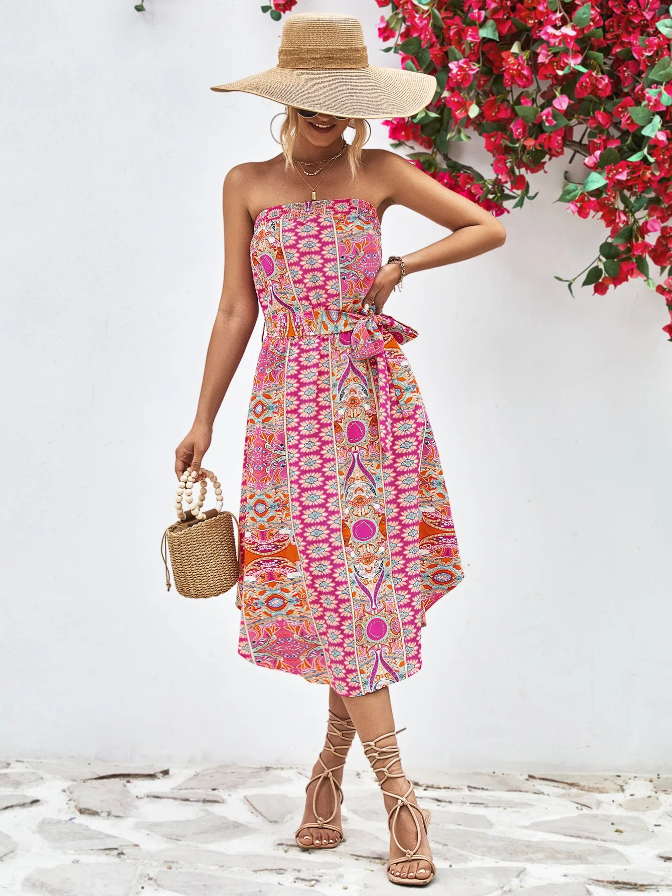🌸 Printed Strapless Tie Belt Dress 🌸