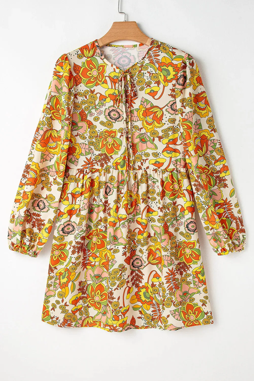 🌼 Printed Tie Neck Balloon Sleeve Mini Dress 🌼