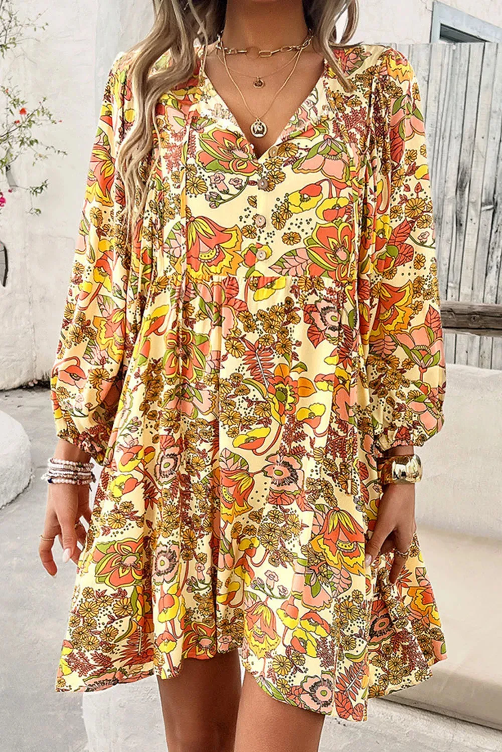 🌼 Printed Tie Neck Balloon Sleeve Mini Dress 🌼
