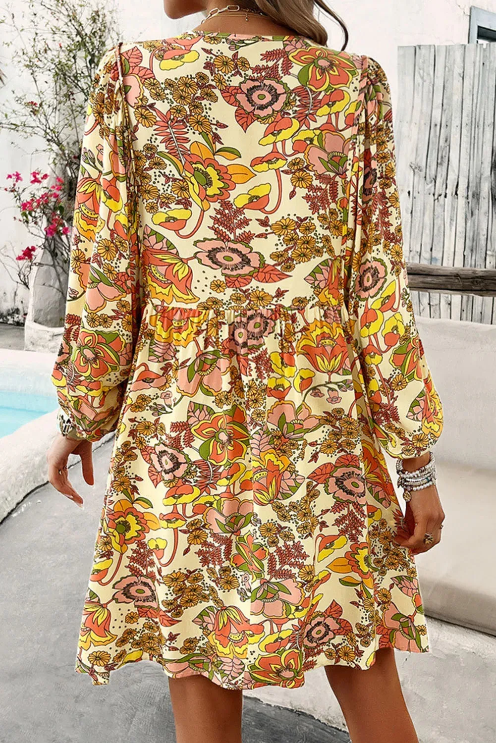 🌼 Printed Tie Neck Balloon Sleeve Mini Dress 🌼