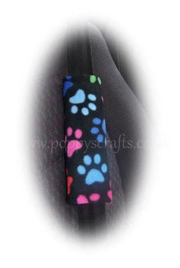 1 pair of fleece paw print car seatbelt pads white and black and multicolour