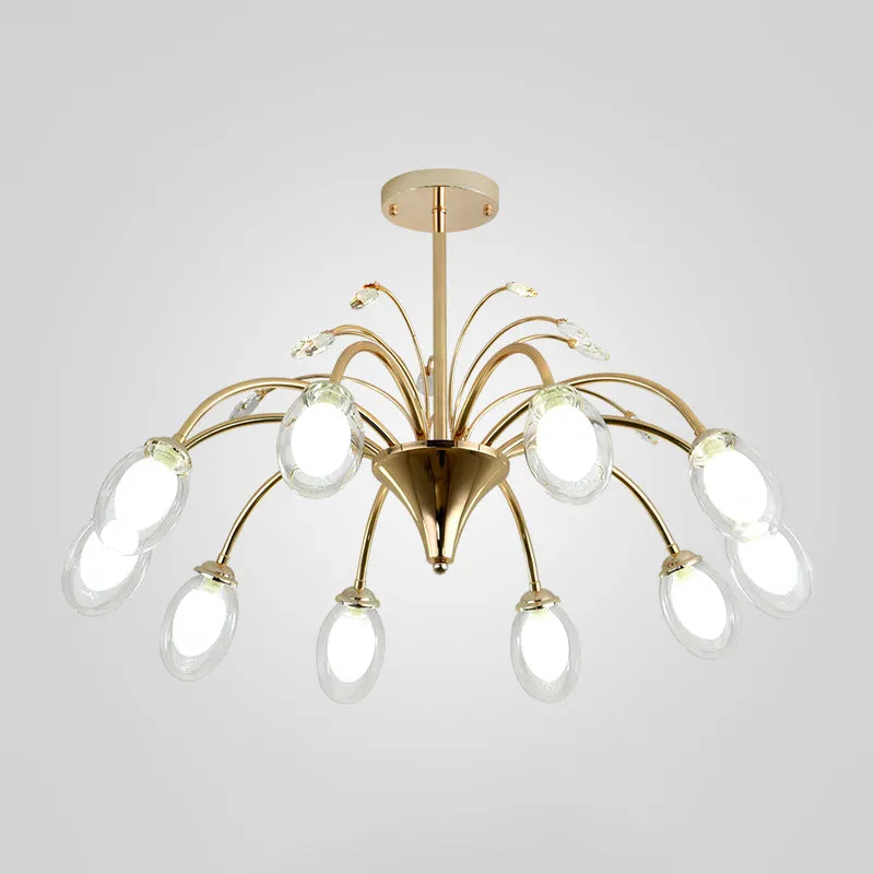 10-Head Clear Glass Egg Pendant Chandelier in Modern Brass Finish