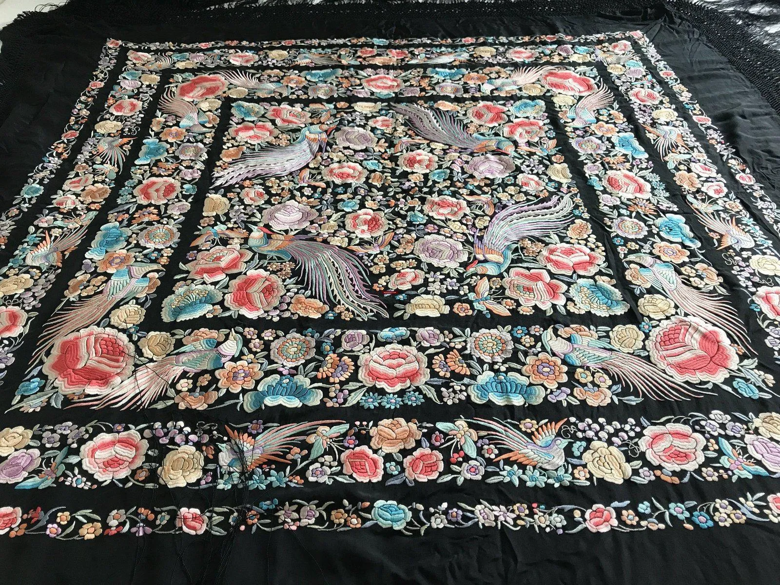1152 Antique Double Sided Embroidery Manila Manton - Cantonese Embroidery with Peacocks