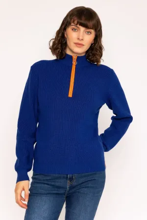 1/4 Zip Placket Contrast Knit Sweater in Cobalt Blue