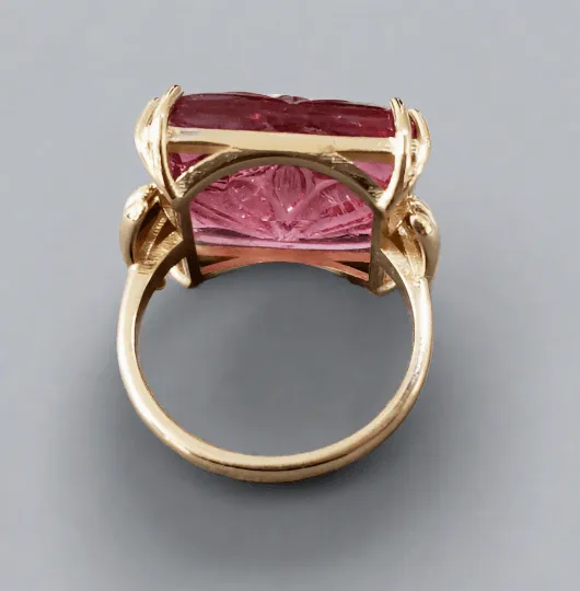 14k Gold Carved Pink Tourmaline & Diamond Ring