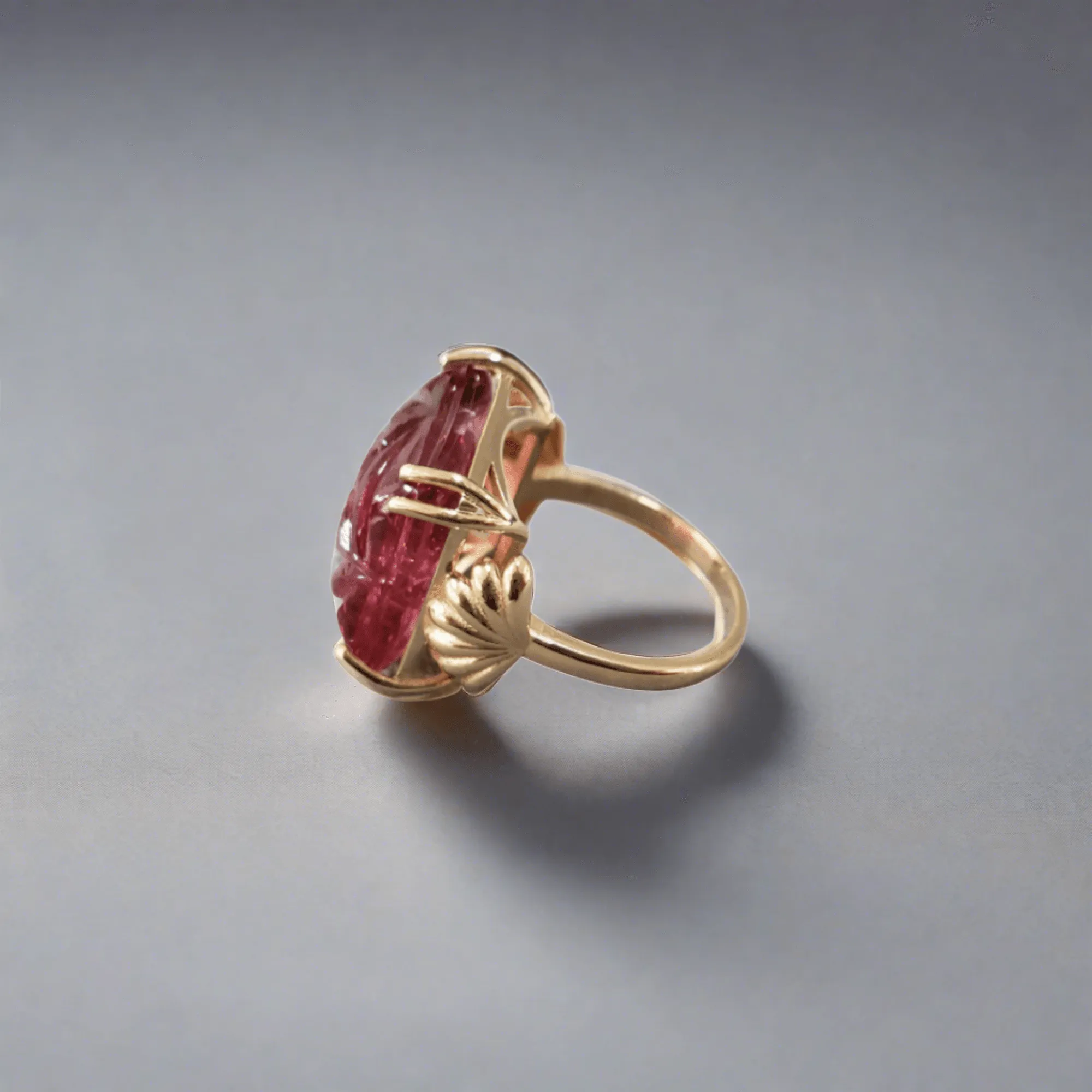 14k Gold Carved Pink Tourmaline & Diamond Ring
