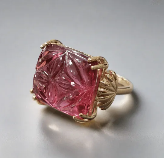 14k Gold Carved Pink Tourmaline & Diamond Ring