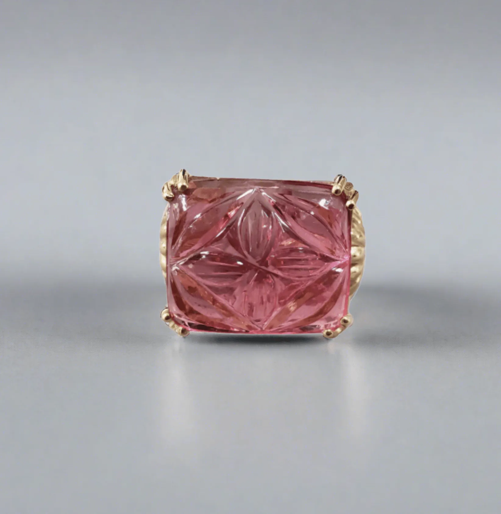 14k Gold Carved Pink Tourmaline & Diamond Ring