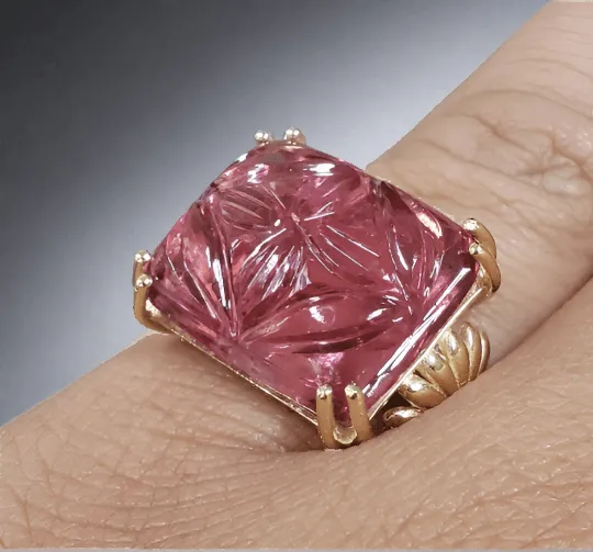 14k Gold Carved Pink Tourmaline & Diamond Ring