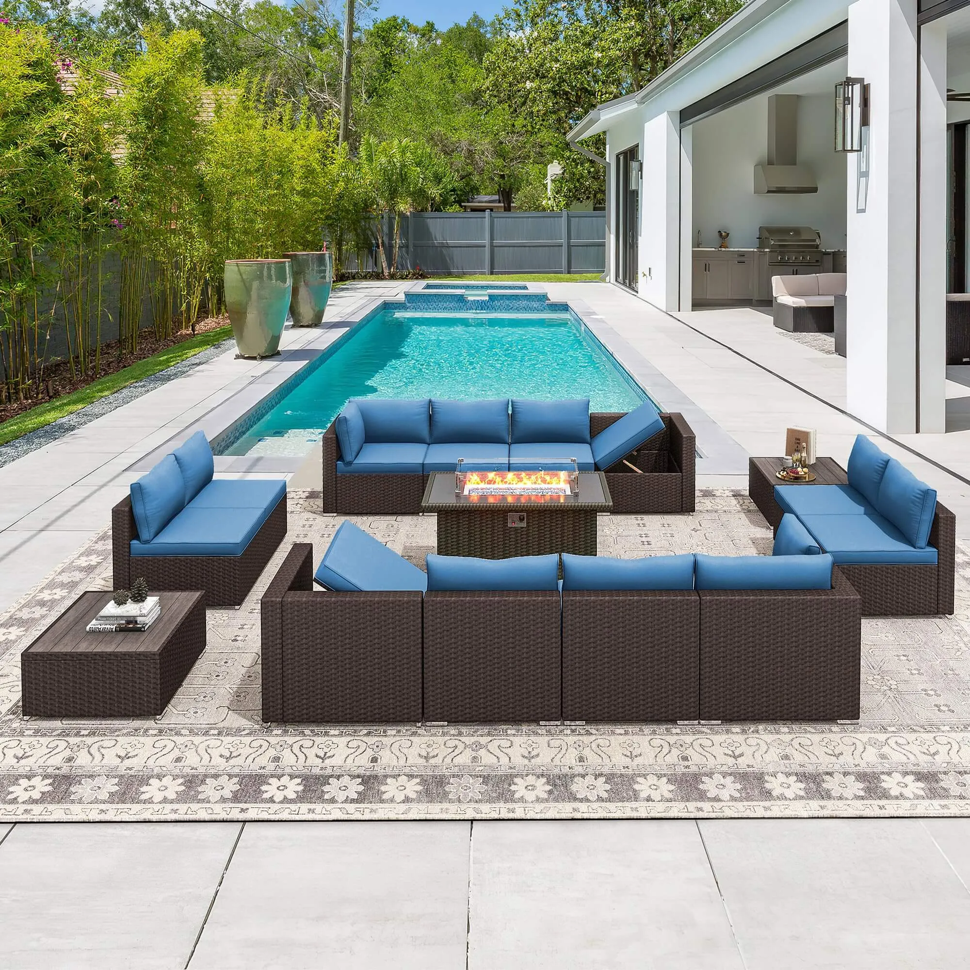 15 Pieces Outdoor Patio Furniture Set with 44" Propane Fire Pit Table, Rattan Sectional Sofa Conversation Set w/Adjustable Backrest