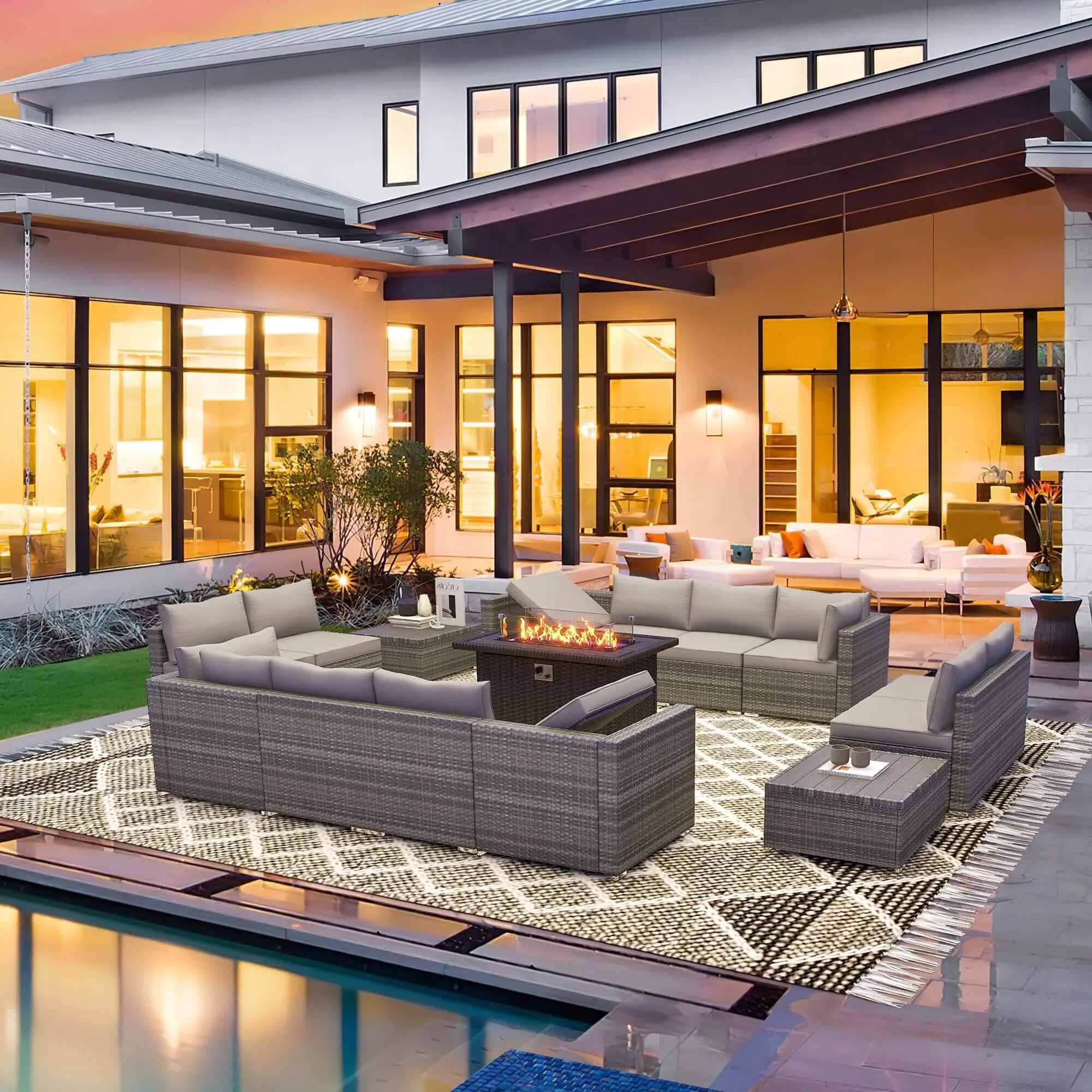 15 Pieces Outdoor Patio Furniture Set with 44" Propane Fire Pit Table, Rattan Sectional Sofa Conversation Set w/Adjustable Backrest
