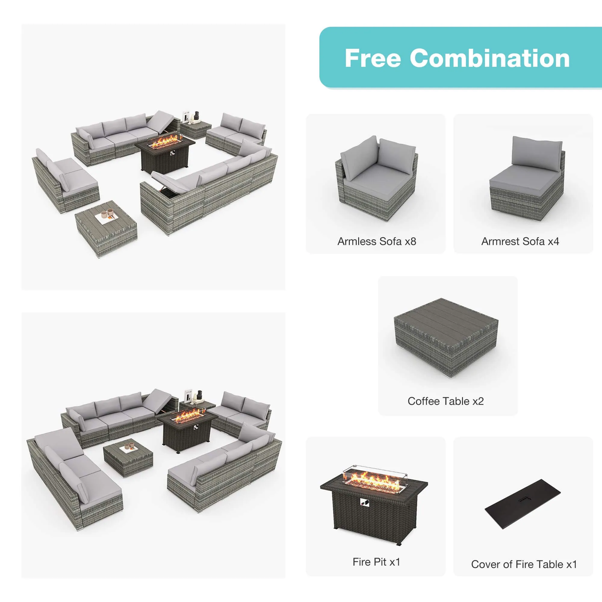 15 Pieces Outdoor Patio Furniture Set with 44" Propane Fire Pit Table, Rattan Sectional Sofa Conversation Set w/Adjustable Backrest