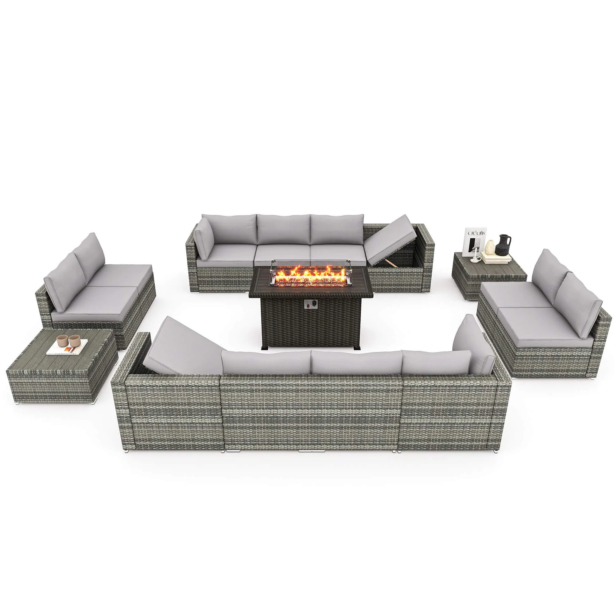 15 Pieces Outdoor Patio Furniture Set with 44" Propane Fire Pit Table, Rattan Sectional Sofa Conversation Set w/Adjustable Backrest