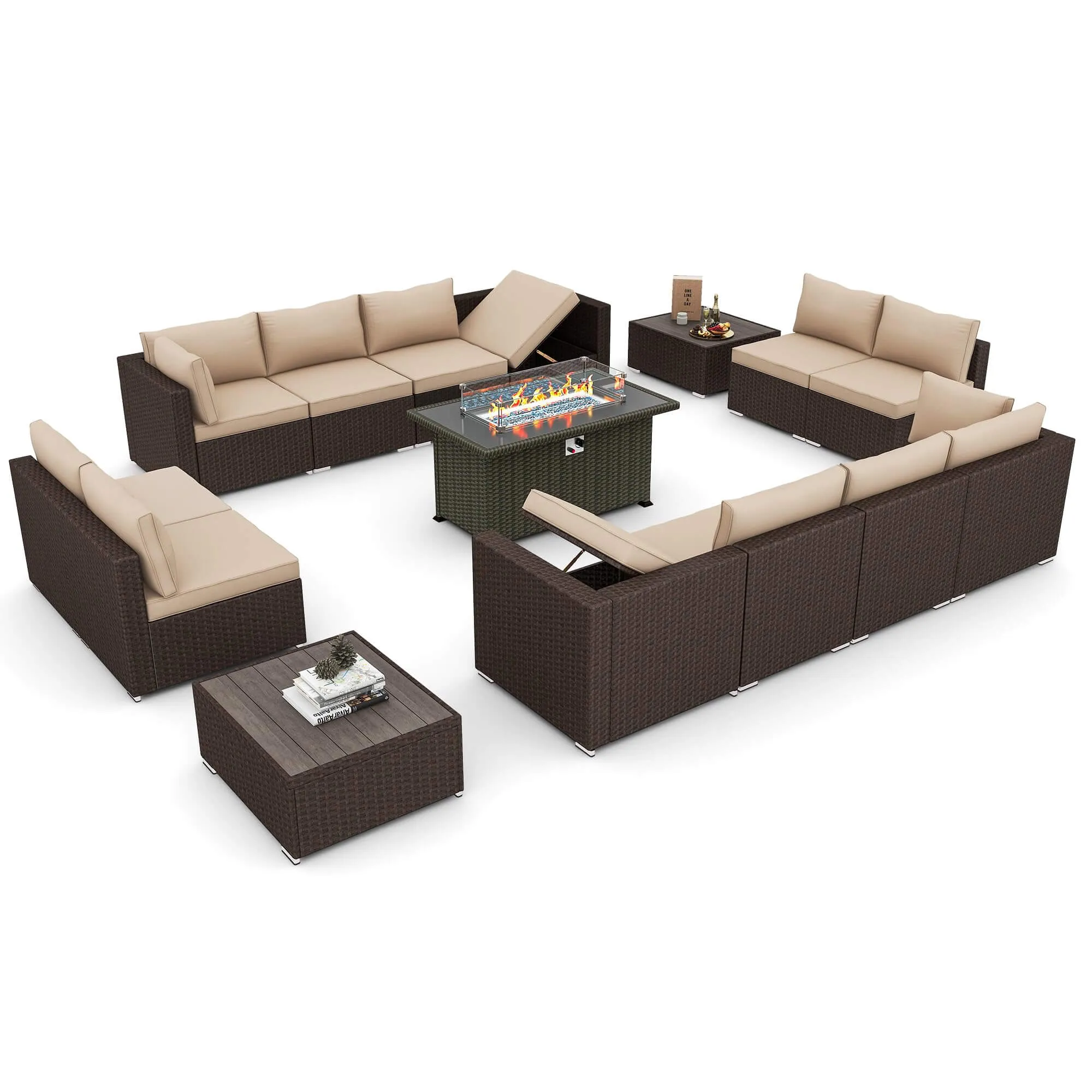 15 Pieces Outdoor Patio Furniture Set with 44" Propane Fire Pit Table, Rattan Sectional Sofa Conversation Set w/Adjustable Backrest
