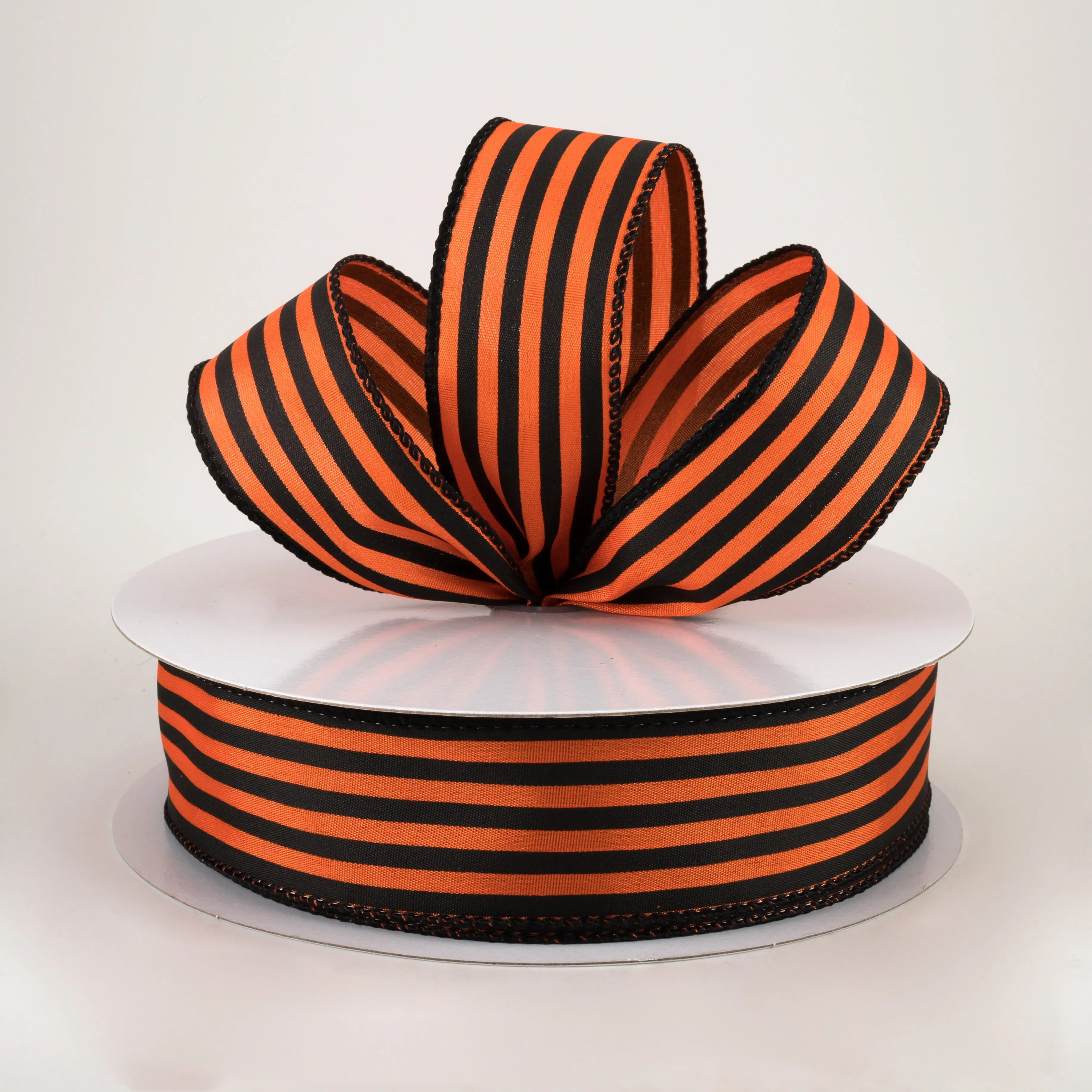 1.5" Cabana Stripes Ribbon: Black on Orange Satin (50 Yards)