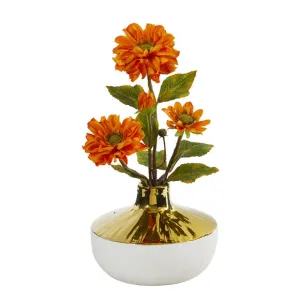 15" Zinnia Artificial Arrangement in Gold and Cream Elegant Vase