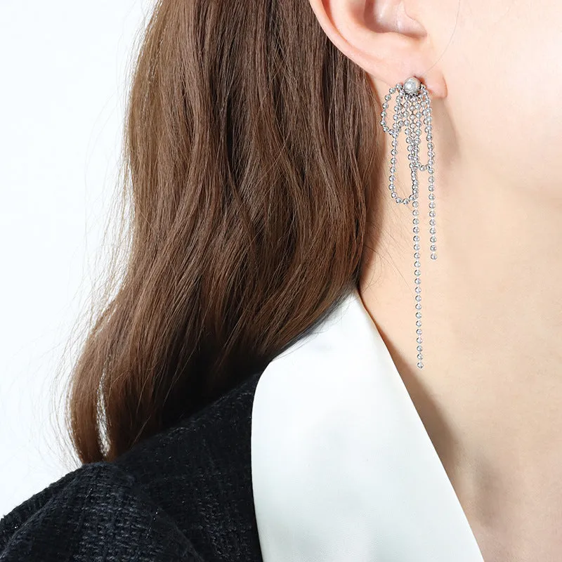 18K Gold Noble and Fashionable Rice Bead Tassel Design Light Luxury Style Earrings