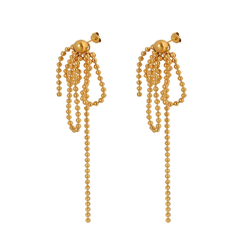 18K Gold Noble and Fashionable Rice Bead Tassel Design Light Luxury Style Earrings