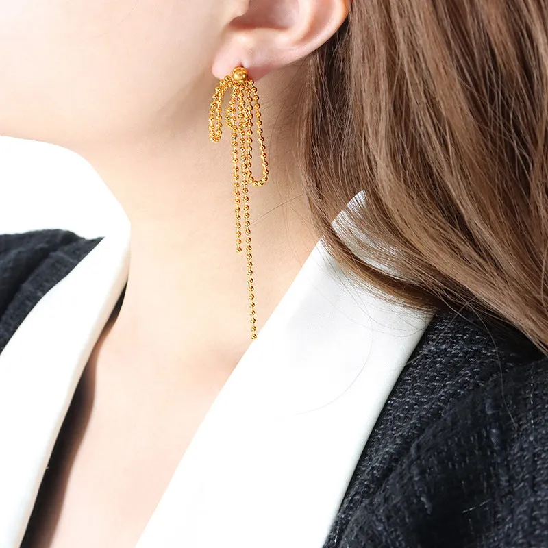 18K Gold Noble and Fashionable Rice Bead Tassel Design Light Luxury Style Earrings
