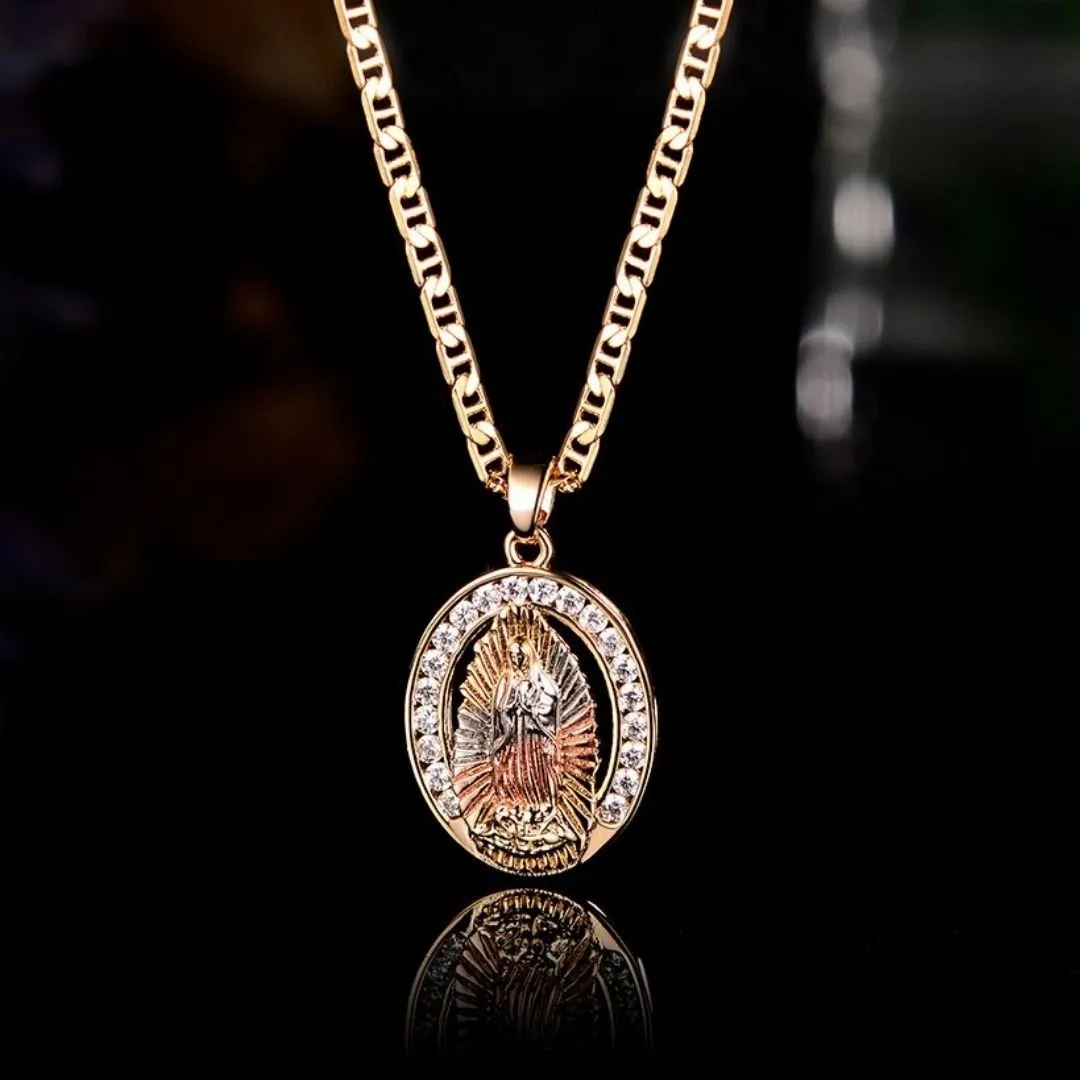 18K Gold Plated Three-Tone Crystal Mother Mary Pendant Necklace