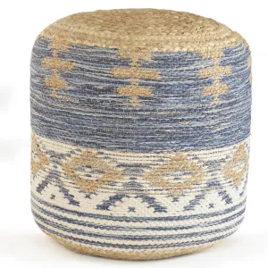 18" Blue Jute Pouf with Geometric Pattern