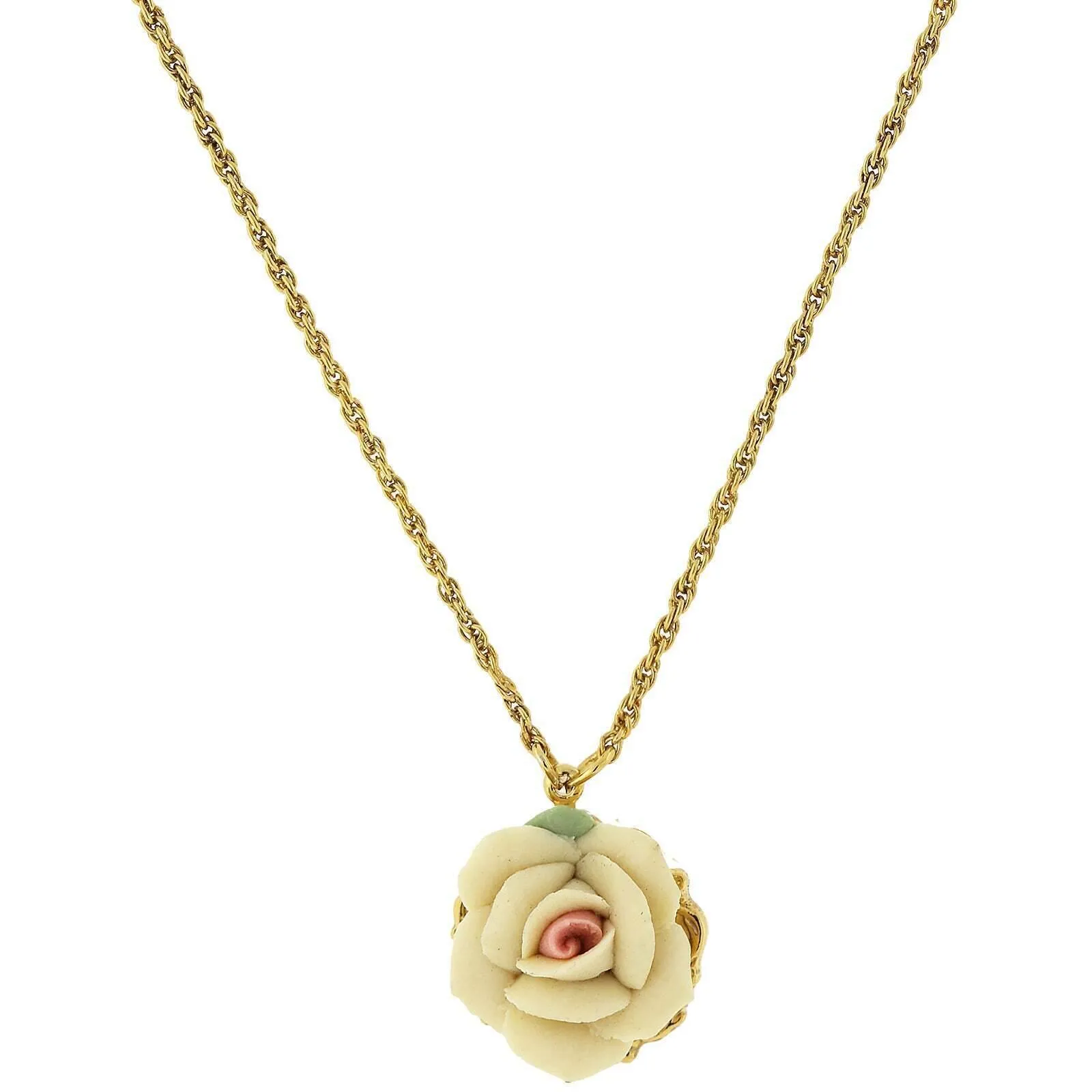 1928 Jewelry Genuine Porcelain Rose Pendant Necklace 16"   3" Extender