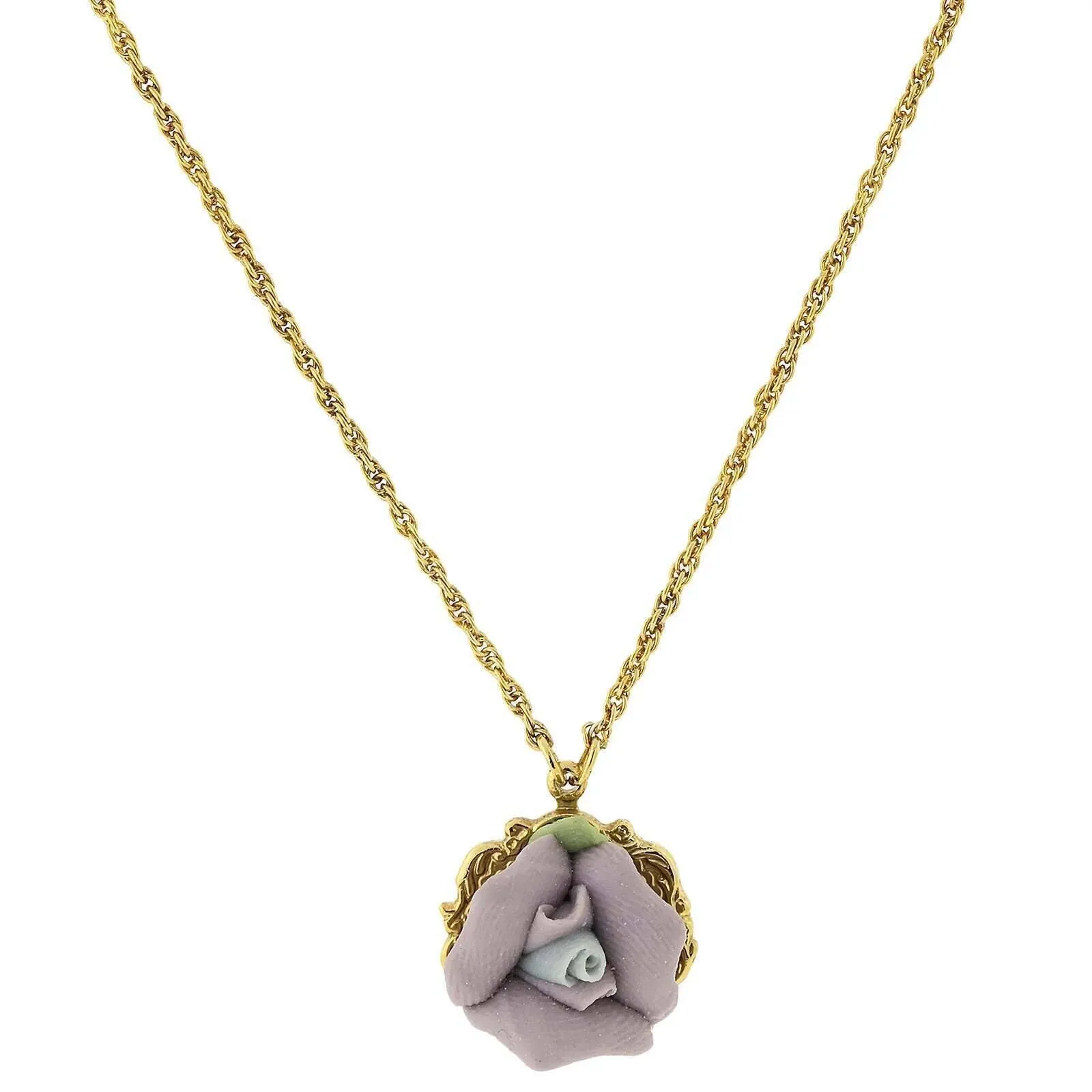 1928 Jewelry Genuine Porcelain Rose Pendant Necklace 16"   3" Extender