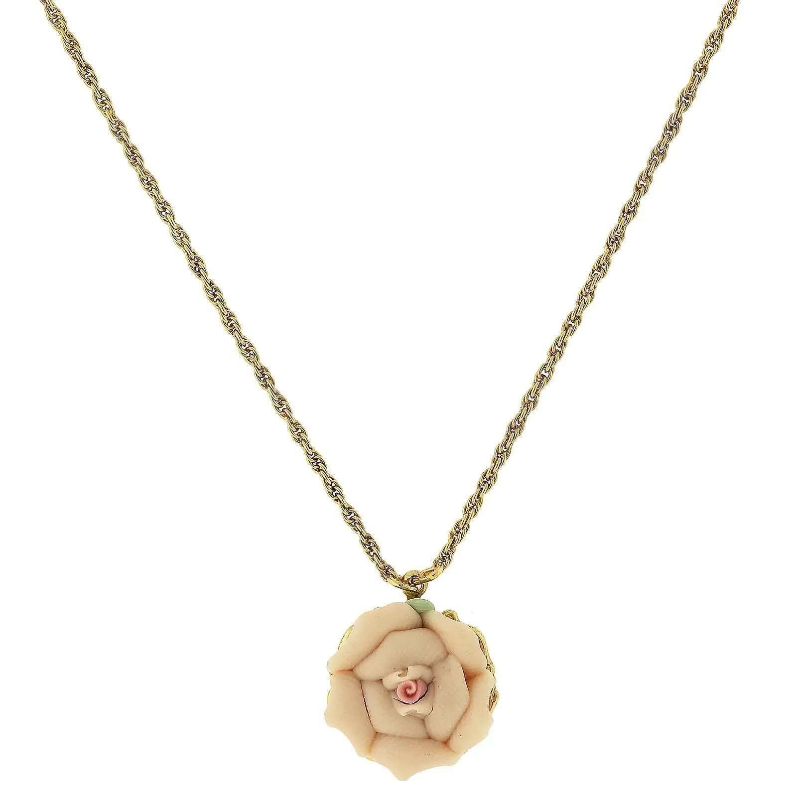 1928 Jewelry Genuine Porcelain Rose Pendant Necklace 16"   3" Extender