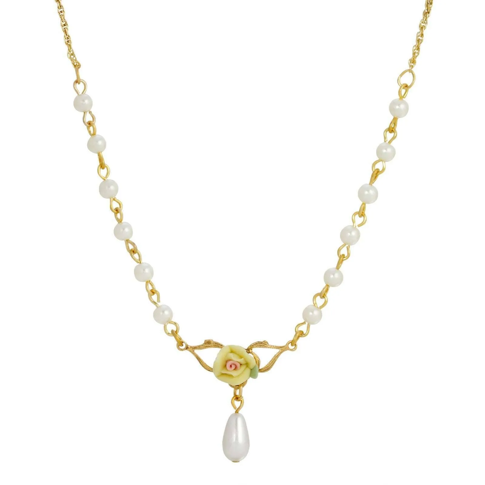 1928 Jewelry Porcelain Rose 4mm Faux Pearl Drop Necklace 16"   3" Extender