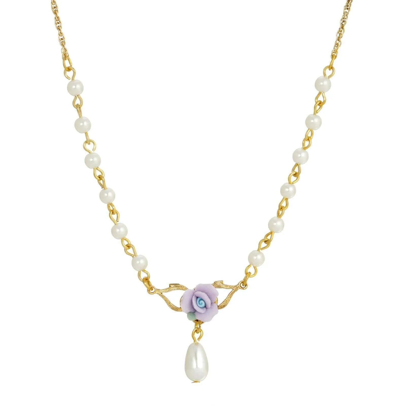 1928 Jewelry Porcelain Rose 4mm Faux Pearl Drop Necklace 16"   3" Extender