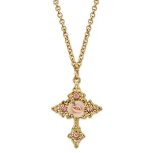 1928 Jewelry Porcelain Rose Cross Filigree Pendant Necklace 18"   3" Extender