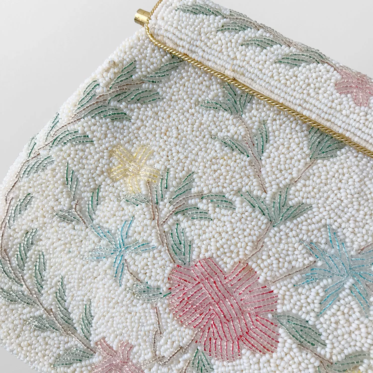 1950s Floral Beaded Top-Handle Handbag Evening Purse