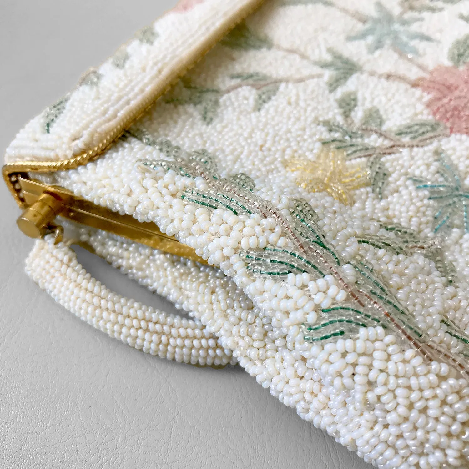 1950s Floral Beaded Top-Handle Handbag Evening Purse