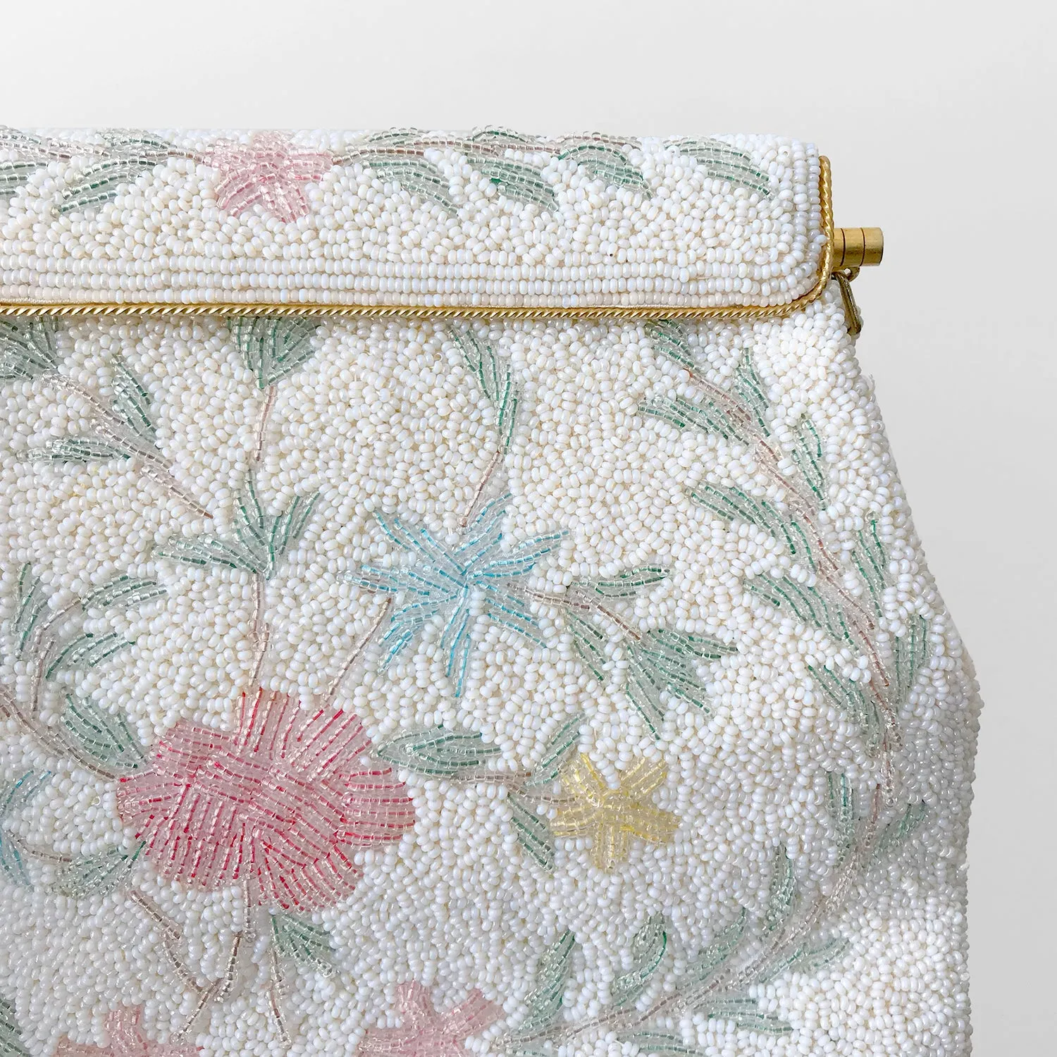 1950s Floral Beaded Top-Handle Handbag Evening Purse