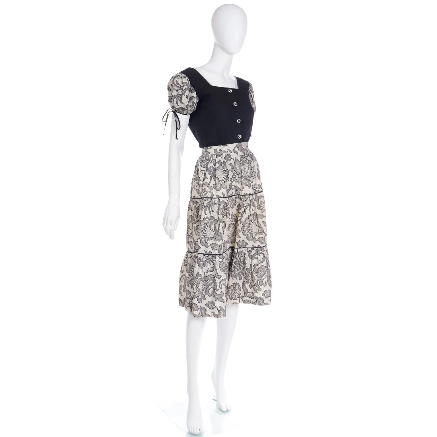 1960s Vintage 2 Pc Dress in Black & White Lace Print Skirt & Top