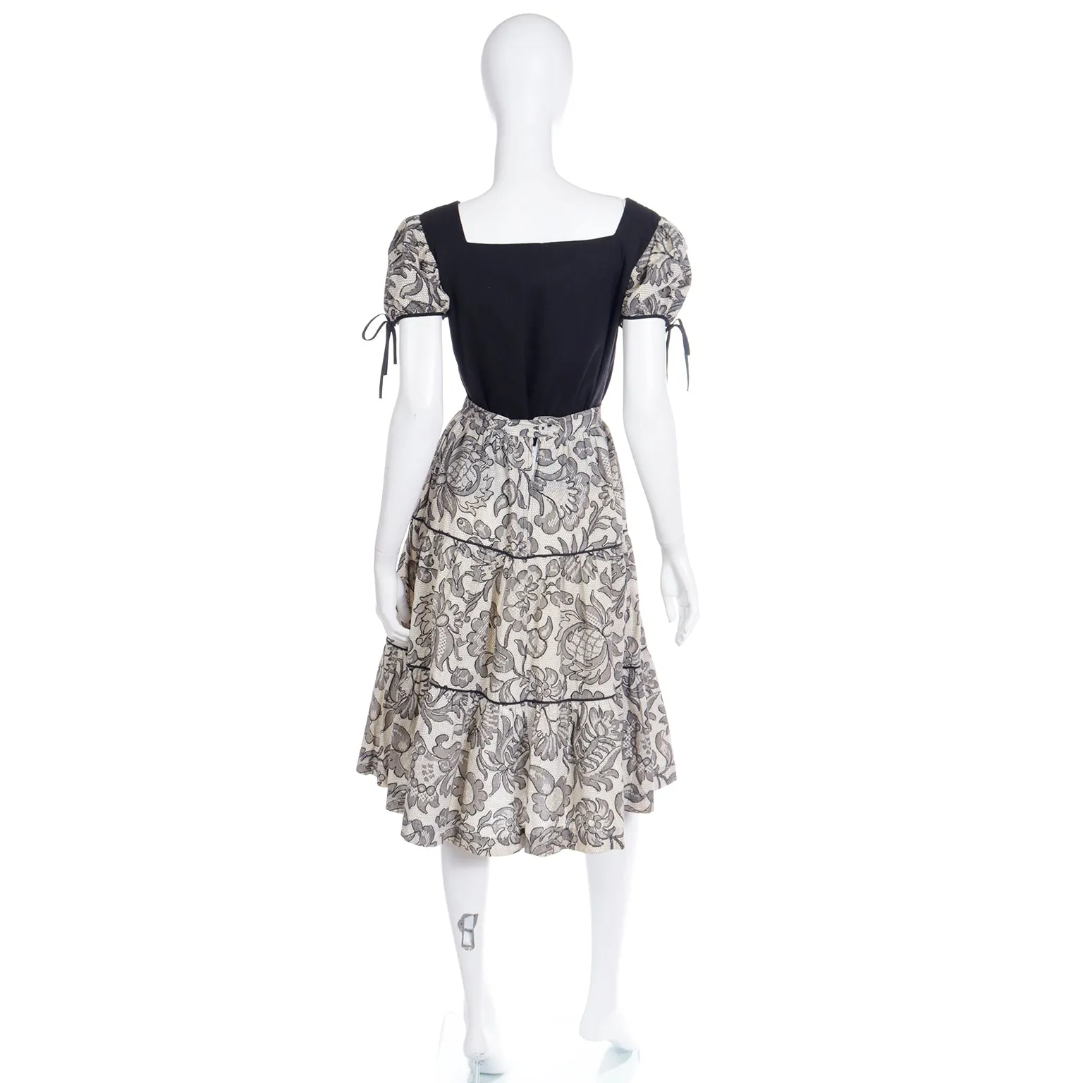 1960s Vintage 2 Pc Dress in Black & White Lace Print Skirt & Top